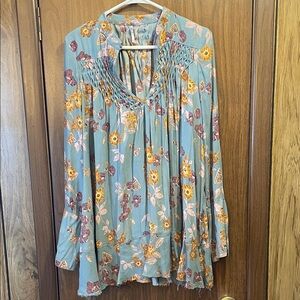 Free People Floral Blouse in Blue and Orange